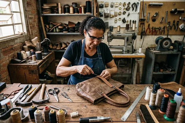 Bolsa de couro sendo reformada por um sapateiro.